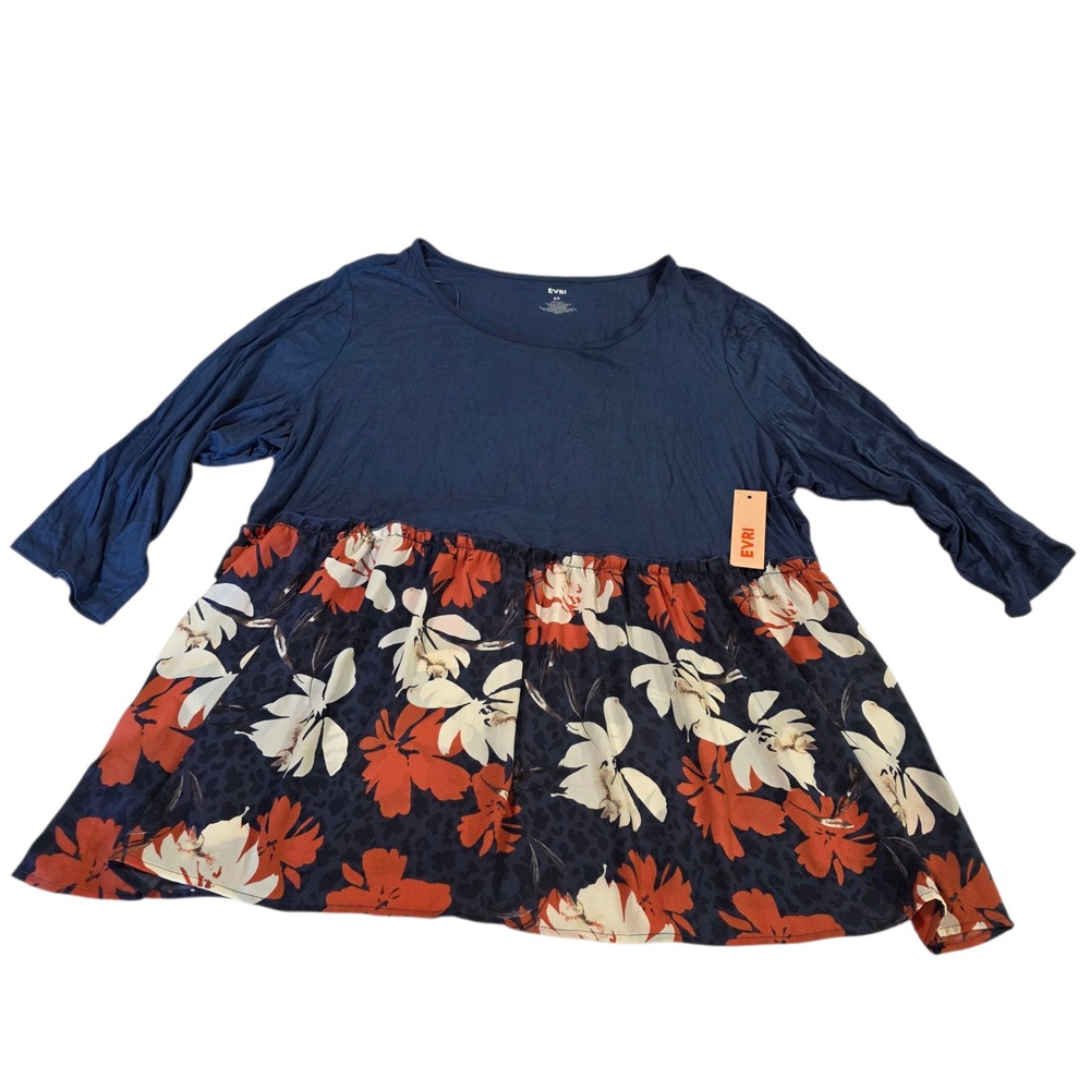 EVRI Tunic Top Womens Navy Blue 2X Floral Scoop Neck 3/4 Sleeve Ruffled Summer